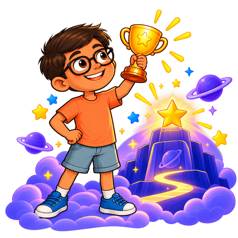 Explorer holding a trophy on a cosmic mountain