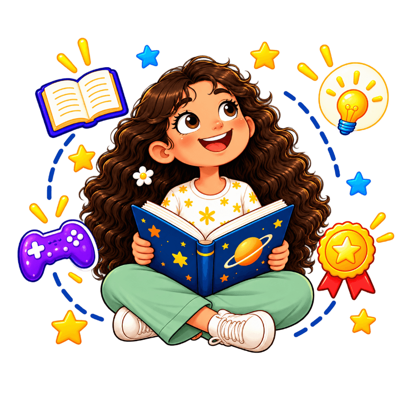 Girl reading a space adventure book