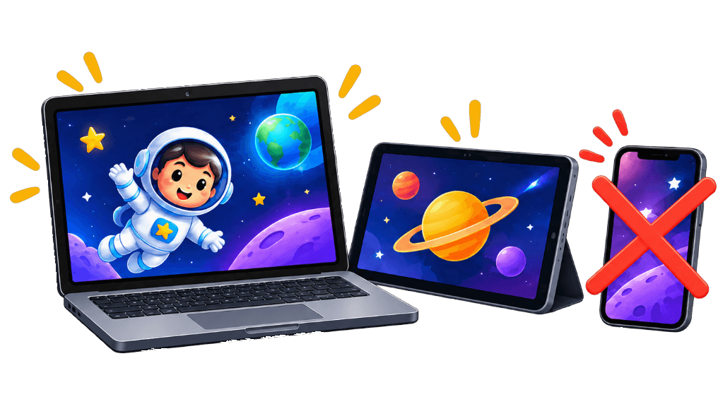 Laptop and tablet are supported. Phones are not.